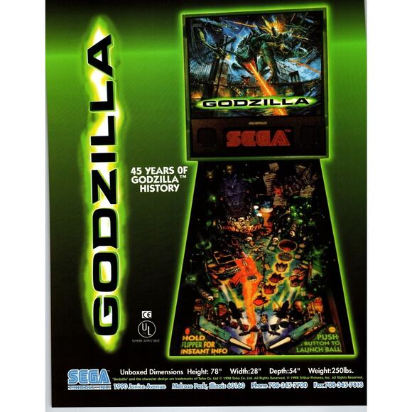 Godzilla Pinball Machine FLYER Original 8.5" x 11 Art 1998 Horror Monster Movies - Picture 1 of 2